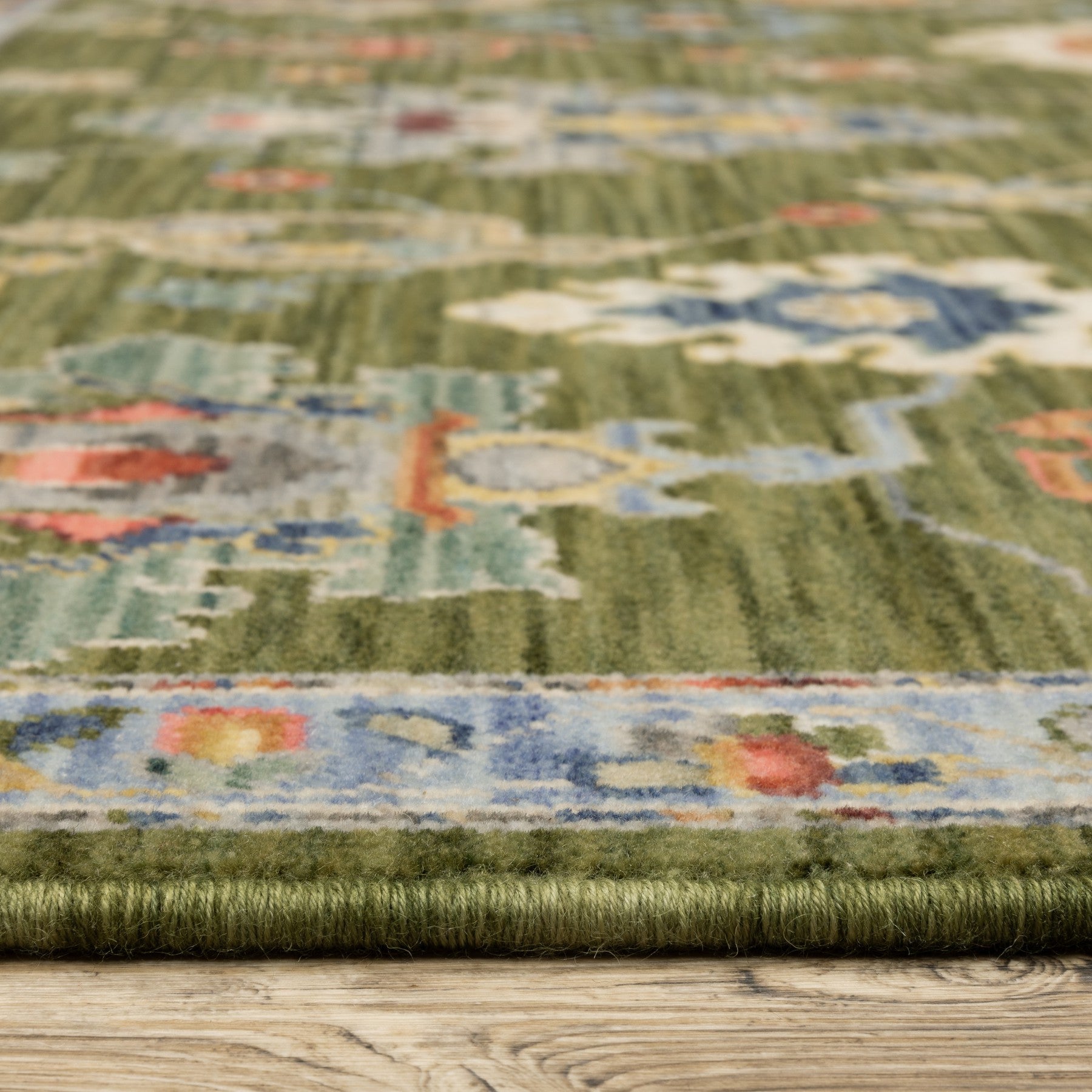 5' X 8' Green Blue And Yellow Oriental Area Rug With Fringe-5