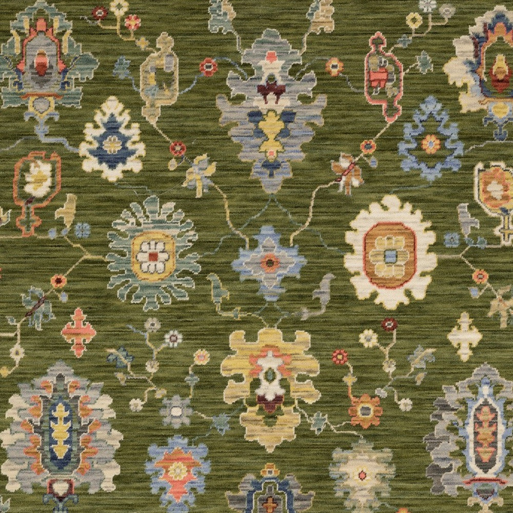 5' X 8' Green Blue And Yellow Oriental Area Rug With Fringe-6