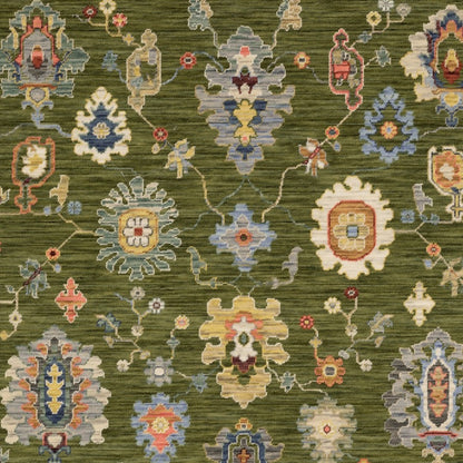 5' X 8' Green Blue And Yellow Oriental Area Rug With Fringe-6