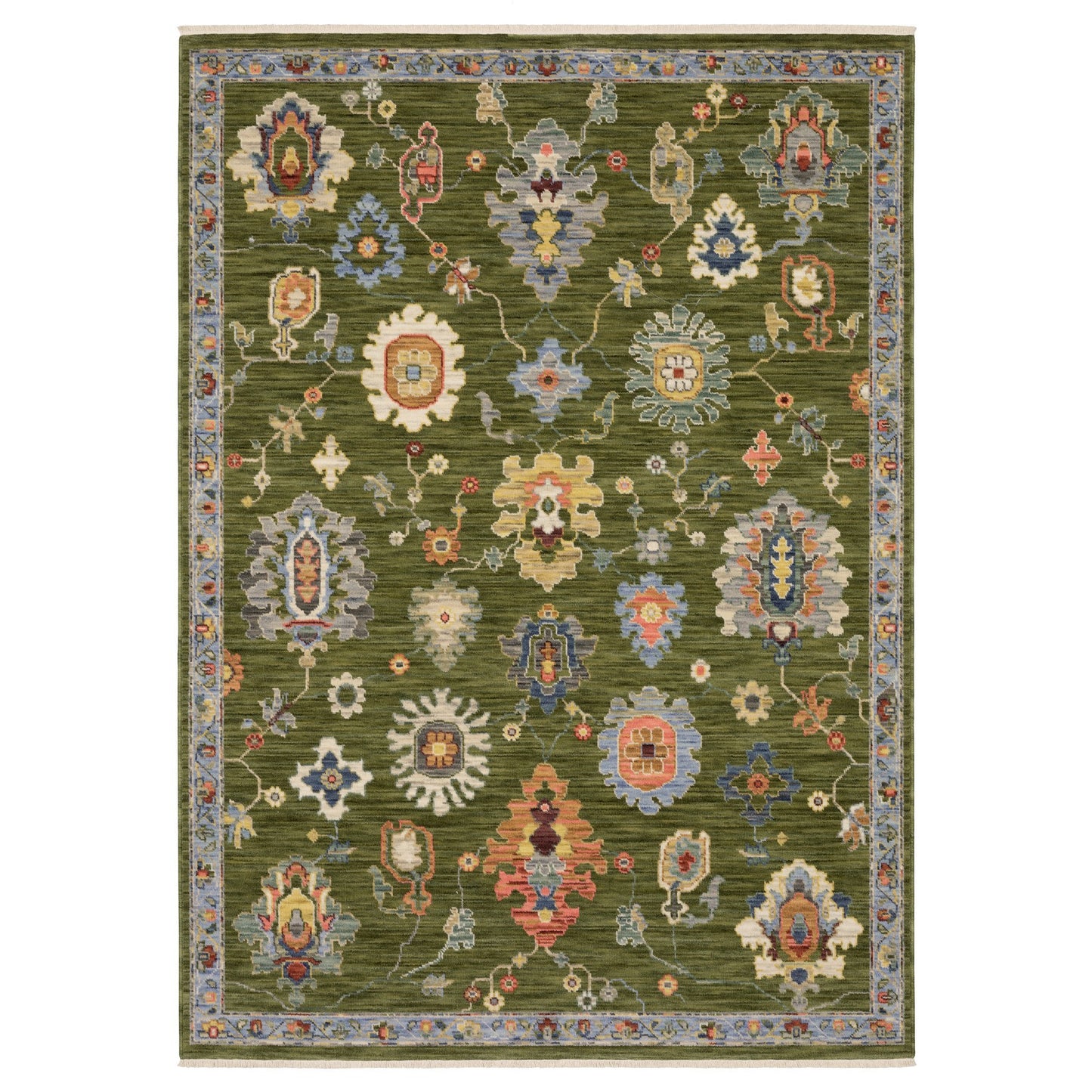 5' X 8' Green Blue And Yellow Oriental Area Rug With Fringe-3