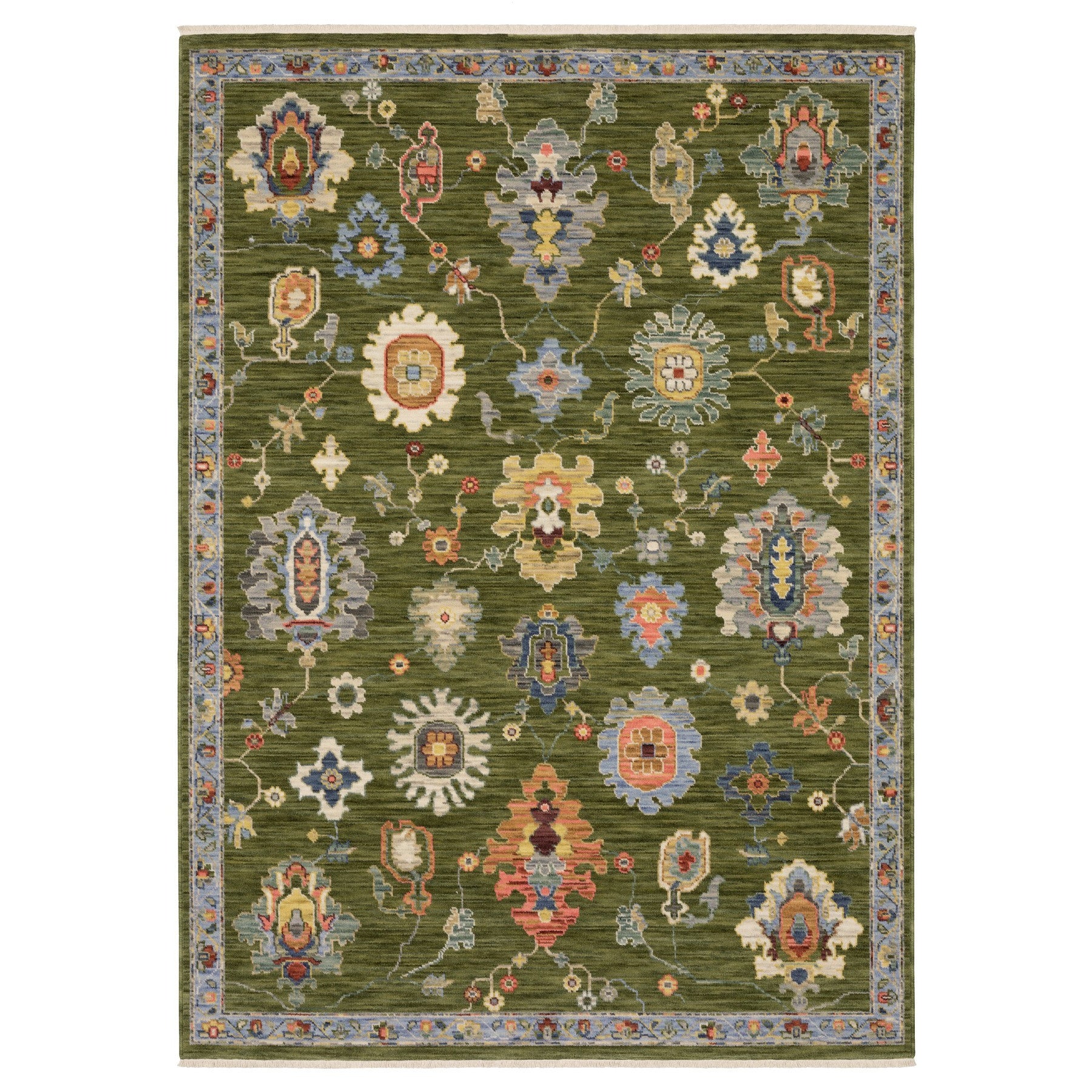 5' X 8' Green Blue And Yellow Oriental Area Rug With Fringe-3