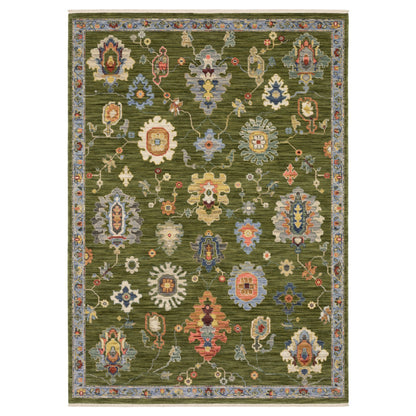 5' X 8' Green Blue And Yellow Oriental Area Rug With Fringe-3