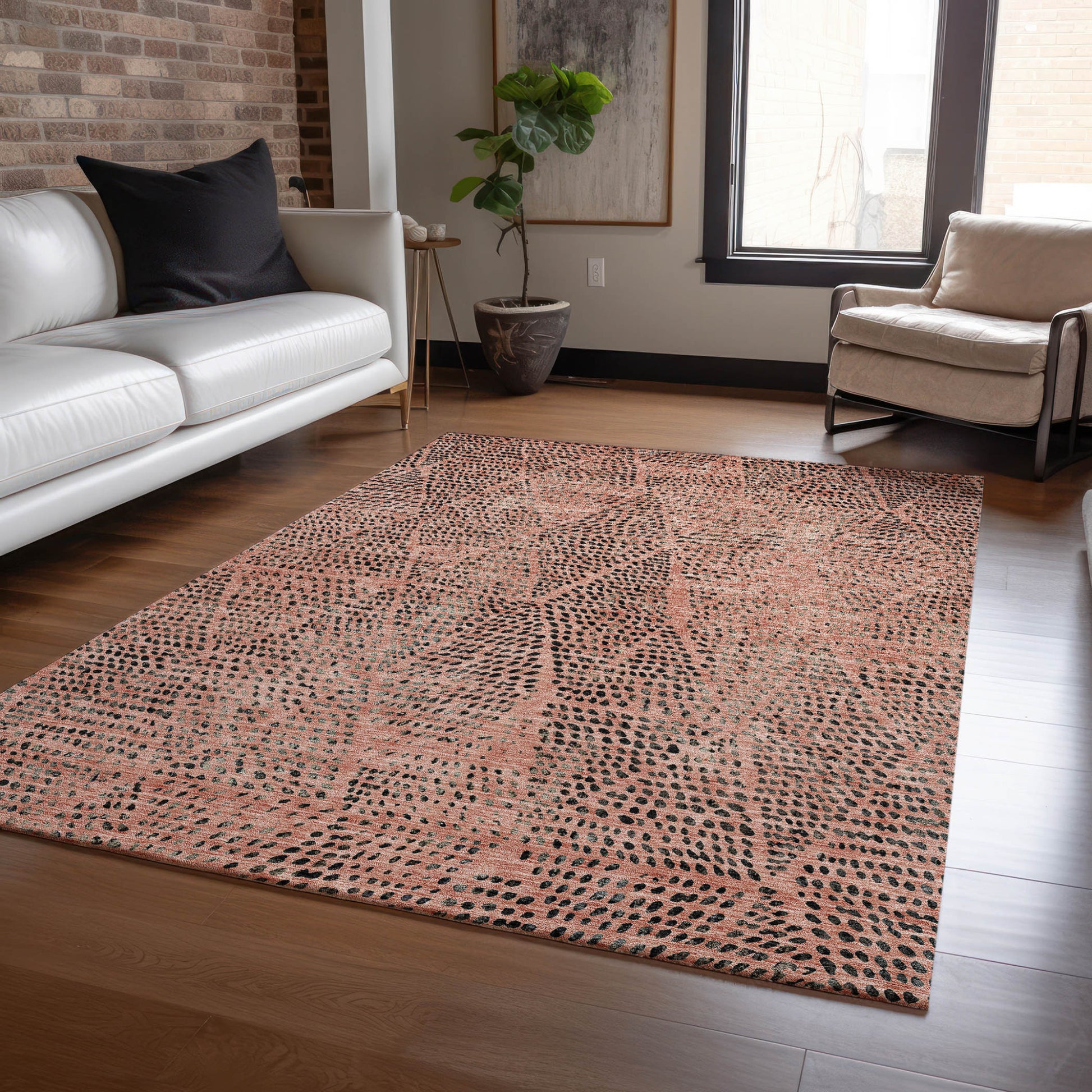 5' X 8' Salmon Charcoal And Beige Geometric Washable Indoor Outdoor Area Rug-7