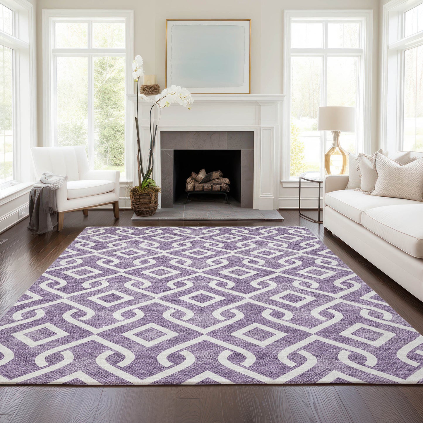 5' X 8' Purple And Ivory Geometric Washable Indoor Outdoor Area Rug-6