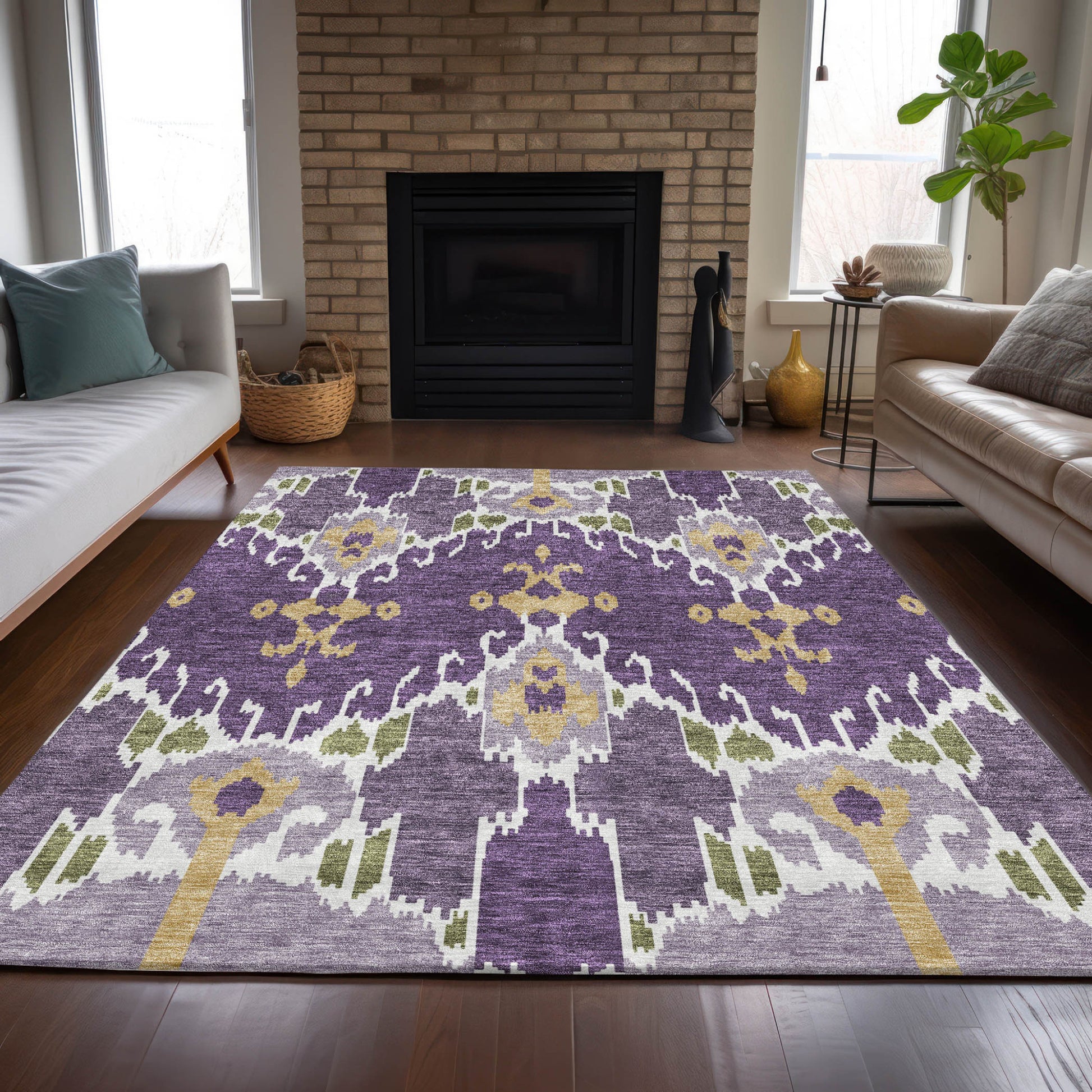 3' X 5' Purple Lavender And Gold Ikat Washable Indoor Outdoor Area Rug-8