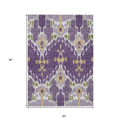 5' X 8' Purple Lavender And Gold Ikat Washable Indoor Outdoor Area Rug-2