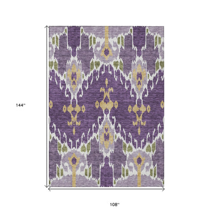 9' X 12' Purple Lavender And Gold Ikat Washable Indoor Outdoor Area Rug-2