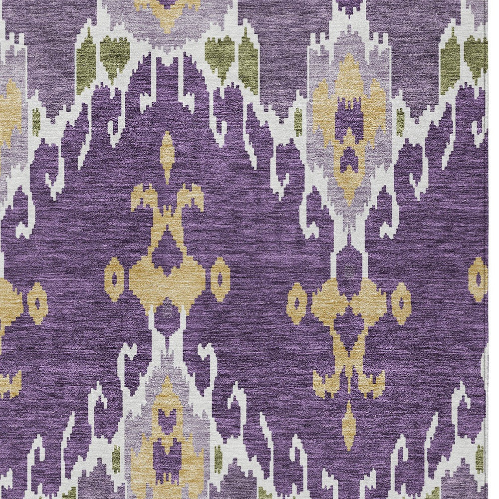 9' X 12' Purple Lavender And Gold Ikat Washable Indoor Outdoor Area Rug-6