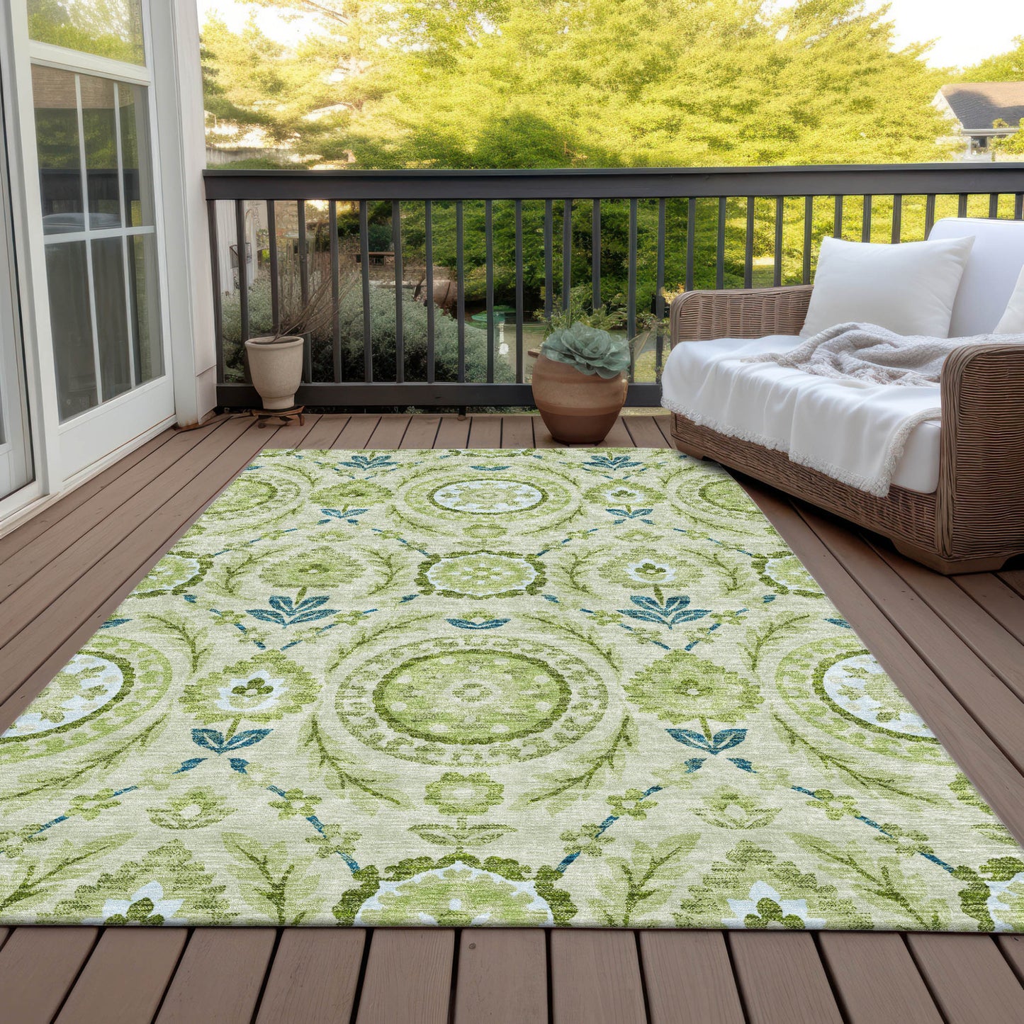 5' X 8' Artichoke Green Olive Green And Blue Floral Washable Indoor Outdoor Area Rug-6