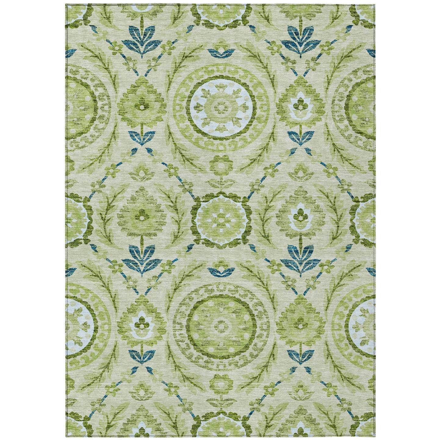 5' X 8' Artichoke Green Olive Green And Blue Floral Washable Indoor Outdoor Area Rug-1