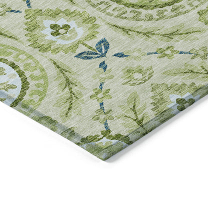 5' X 8' Artichoke Green Olive Green And Blue Floral Washable Indoor Outdoor Area Rug-3
