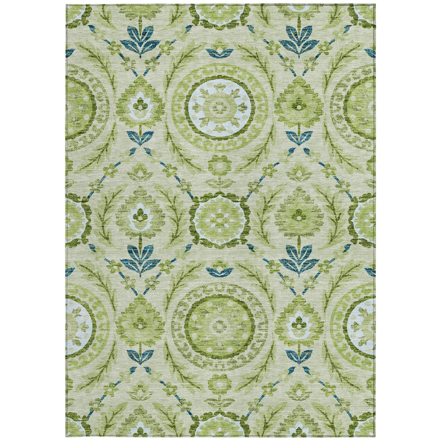 5' X 8' Artichoke Green Olive Green And Blue Floral Washable Indoor Outdoor Area Rug-5