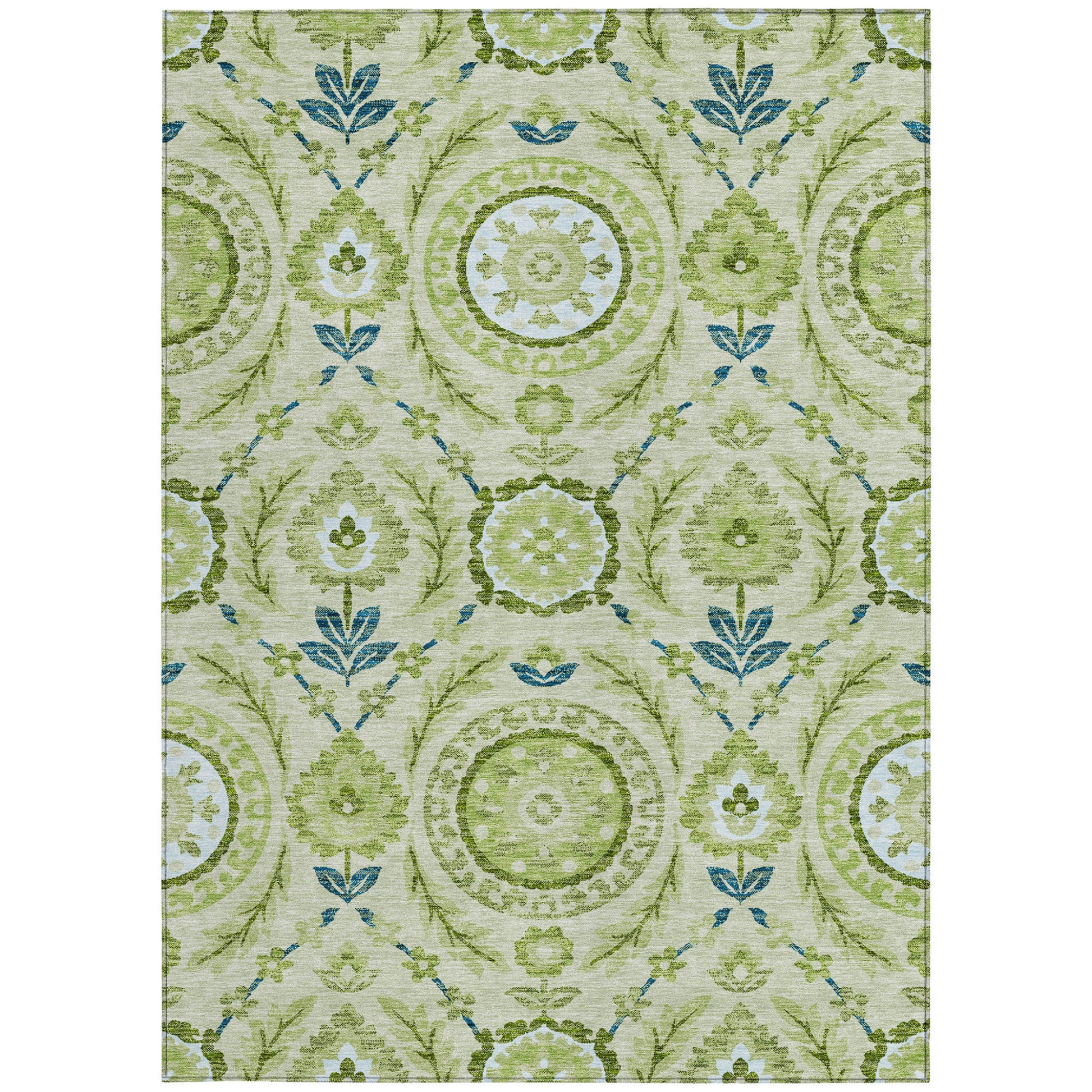 5' X 8' Artichoke Green Olive Green And Blue Floral Washable Indoor Outdoor Area Rug-5