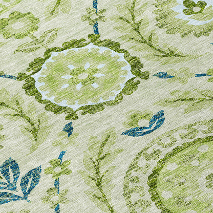 5' X 8' Artichoke Green Olive Green And Blue Floral Washable Indoor Outdoor Area Rug-4