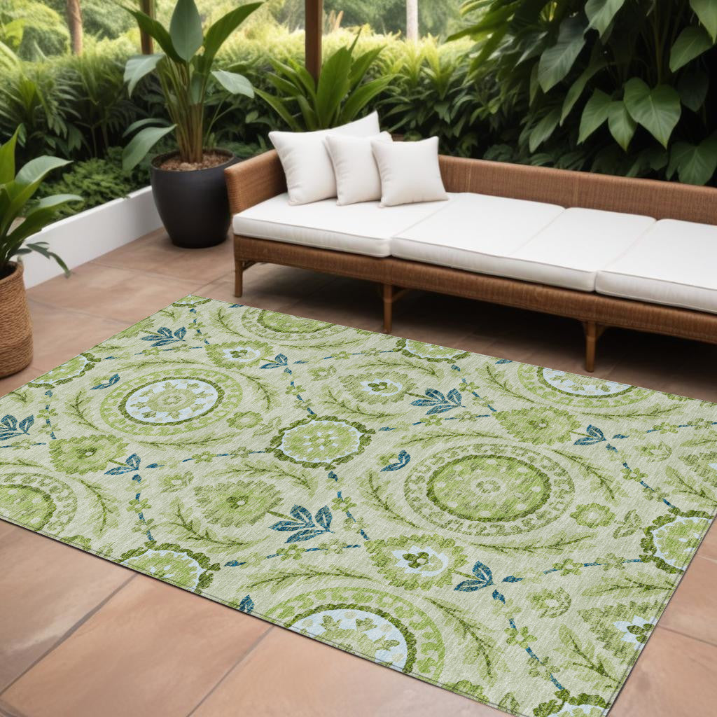 10' X 14' Artichoke Green Olive Green And Blue Floral Washable Indoor Outdoor Area Rug-0