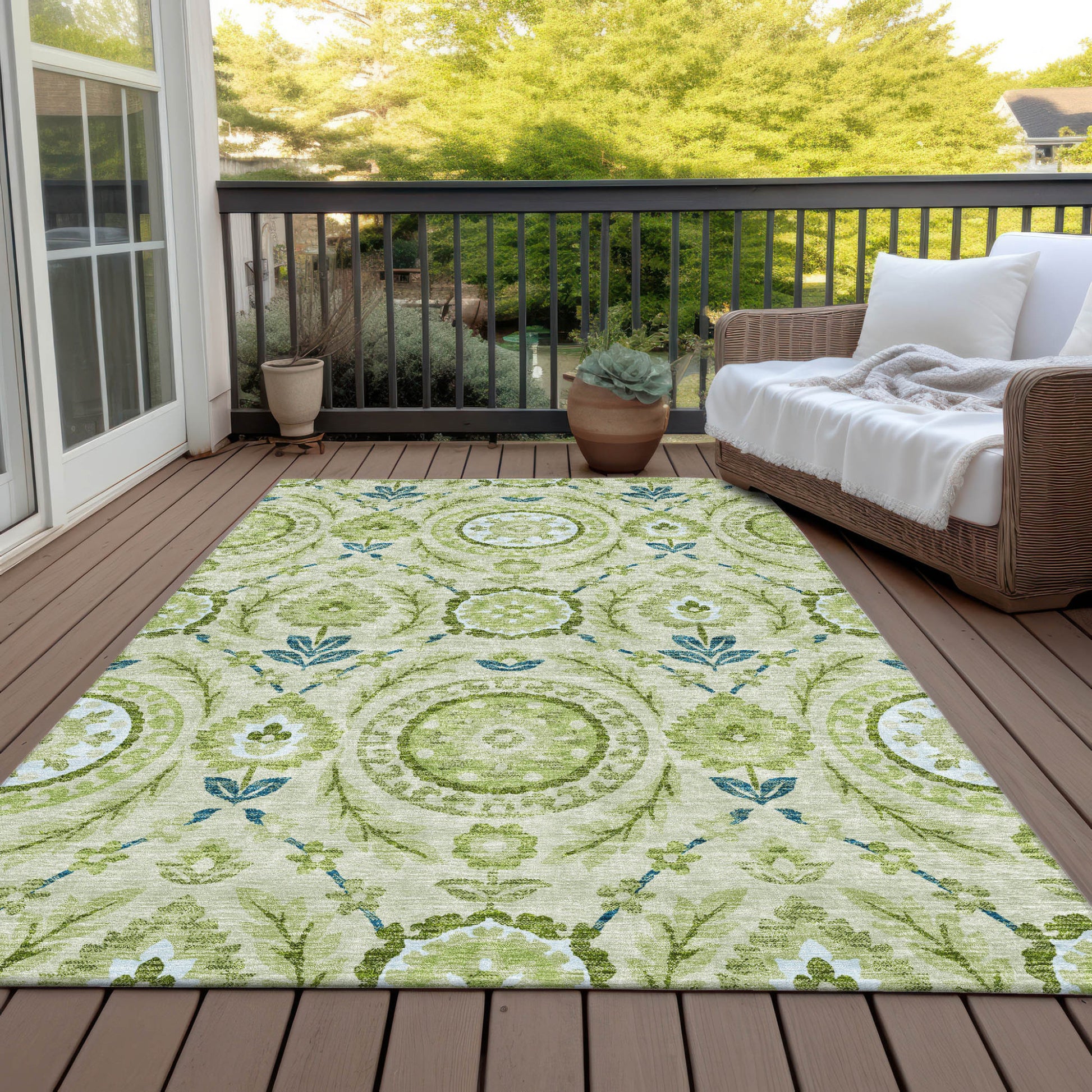 10' X 14' Artichoke Green Olive Green And Blue Floral Washable Indoor Outdoor Area Rug-6