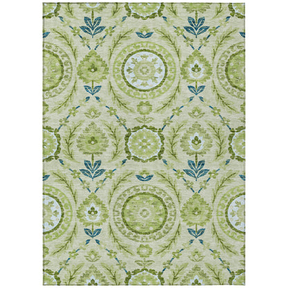 10' X 14' Artichoke Green Olive Green And Blue Floral Washable Indoor Outdoor Area Rug-1