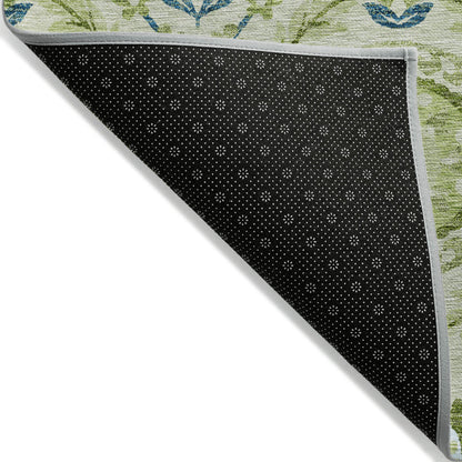 10' X 14' Artichoke Green Olive Green And Blue Floral Washable Indoor Outdoor Area Rug-2