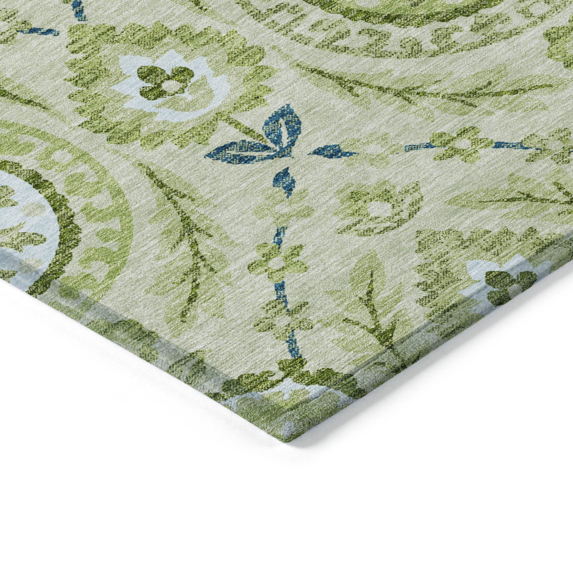 10' X 14' Artichoke Green Olive Green And Blue Floral Washable Indoor Outdoor Area Rug-3