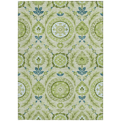 10' X 14' Artichoke Green Olive Green And Blue Floral Washable Indoor Outdoor Area Rug-5