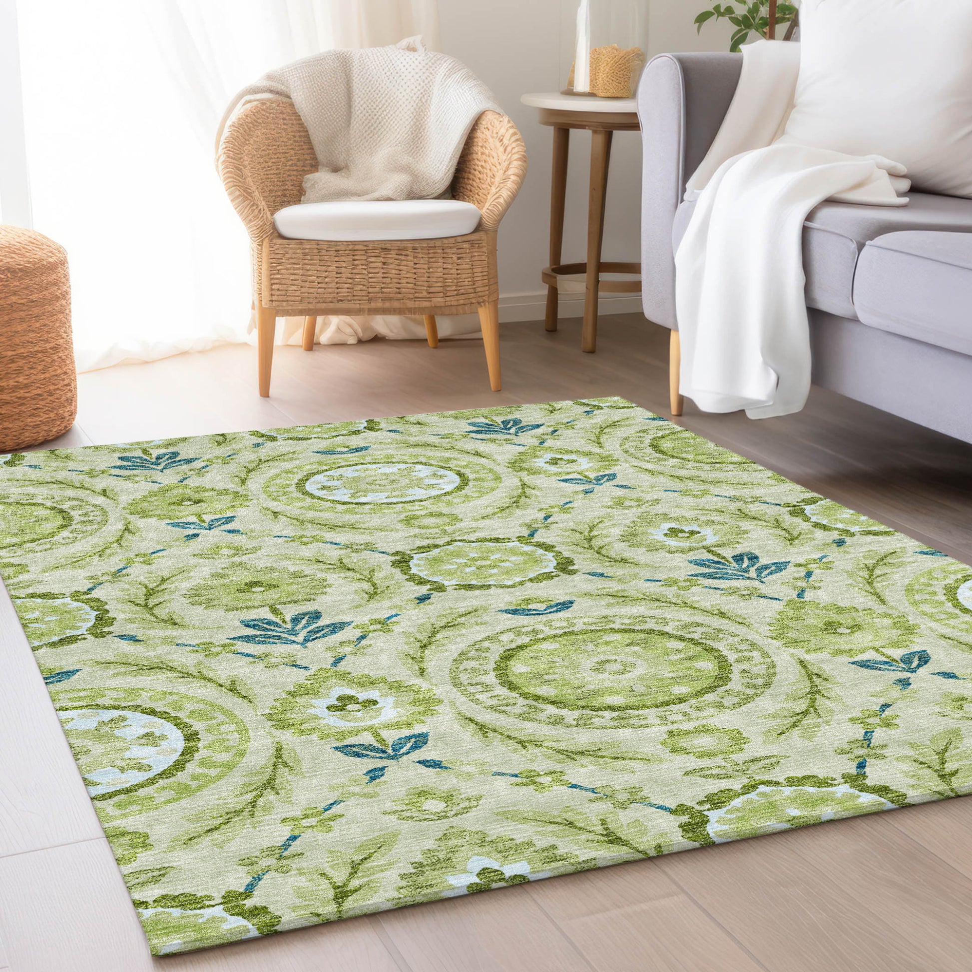 10' X 14' Artichoke Green Olive Green And Blue Floral Washable Indoor Outdoor Area Rug-7