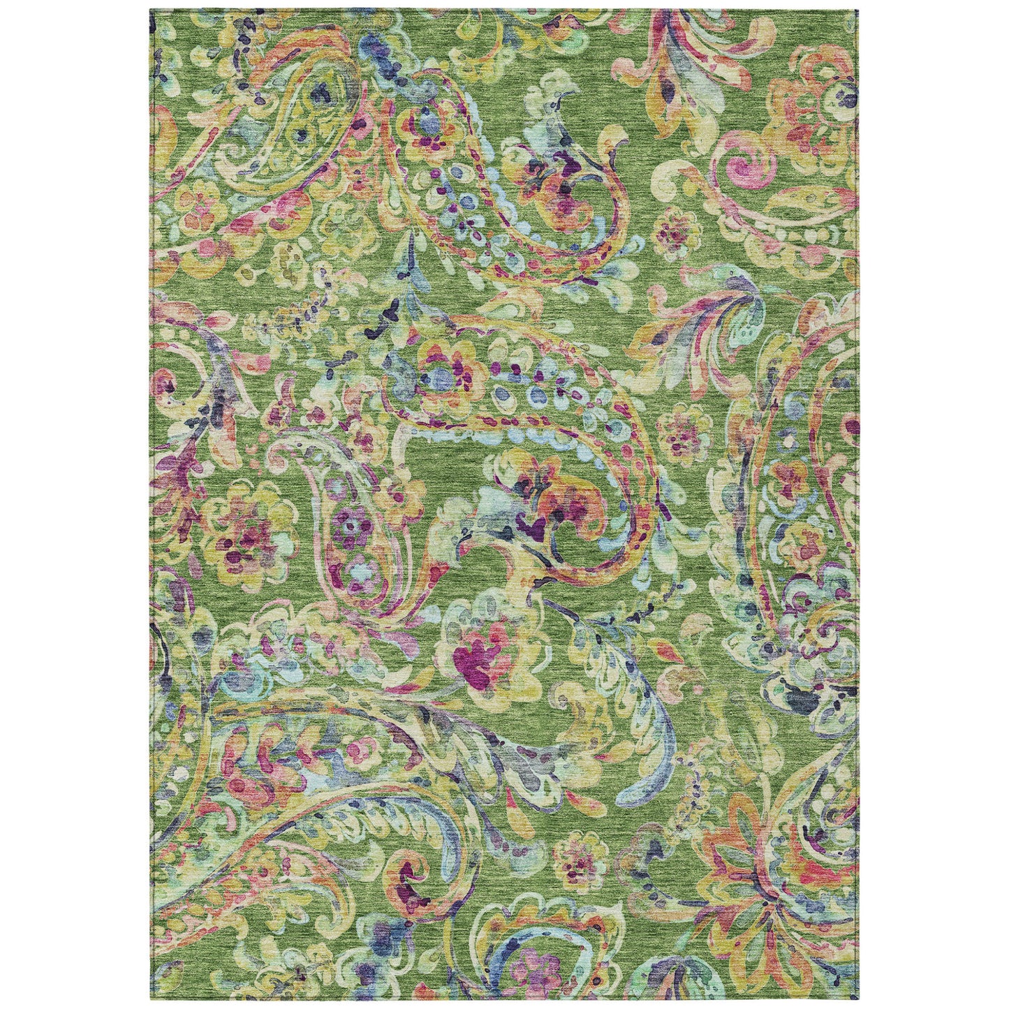 5' X 8' Fern Green And Artichoke Green Paisley Washable Indoor Outdoor Area Rug-1