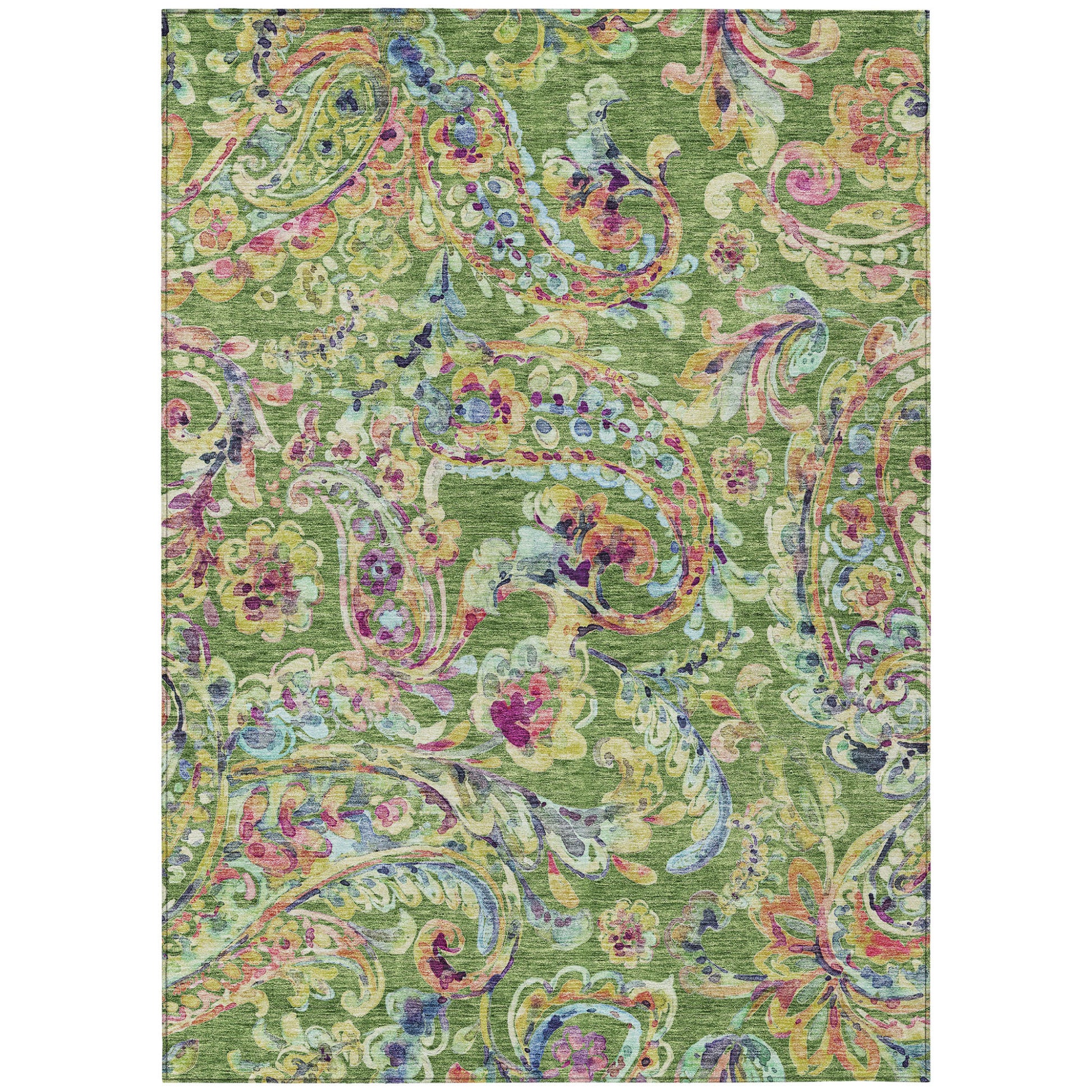 5' X 8' Fern Green And Artichoke Green Paisley Washable Indoor Outdoor Area Rug-1