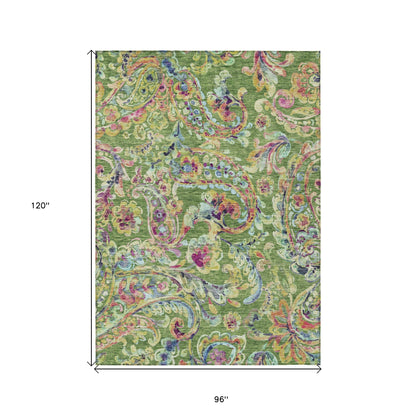 8' X 10' Fern Green And Artichoke Green Paisley Washable Indoor Outdoor Area Rug-2