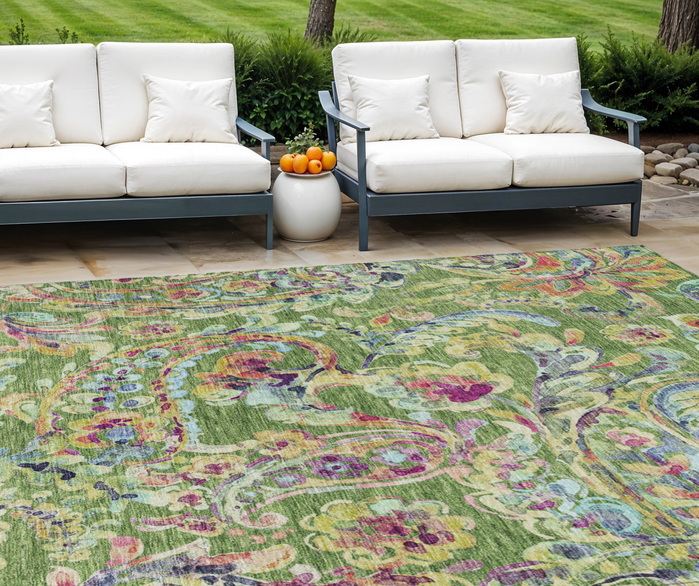 8' X 10' Fern Green And Artichoke Green Paisley Washable Indoor Outdoor Area Rug-0