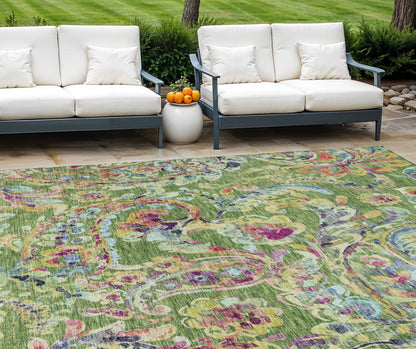 10' X 14' Fern Green And Artichoke Green Paisley Washable Indoor Outdoor Area Rug-0