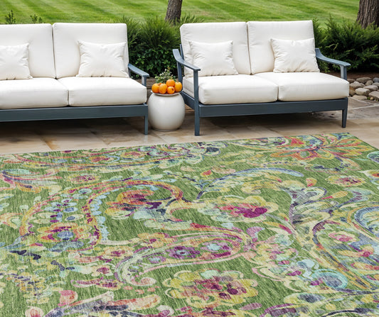 10' X 14' Fern Green And Artichoke Green Paisley Washable Indoor Outdoor Area Rug-0