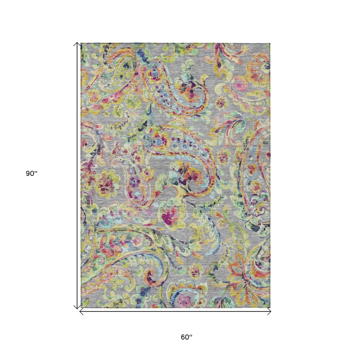 5' X 8' Gray Fern Green And Artichoke Green Paisley Washable Indoor Outdoor Area Rug-2