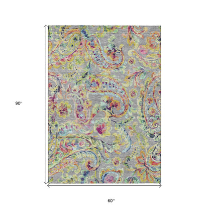 5' X 8' Gray Fern Green And Artichoke Green Paisley Washable Indoor Outdoor Area Rug-2