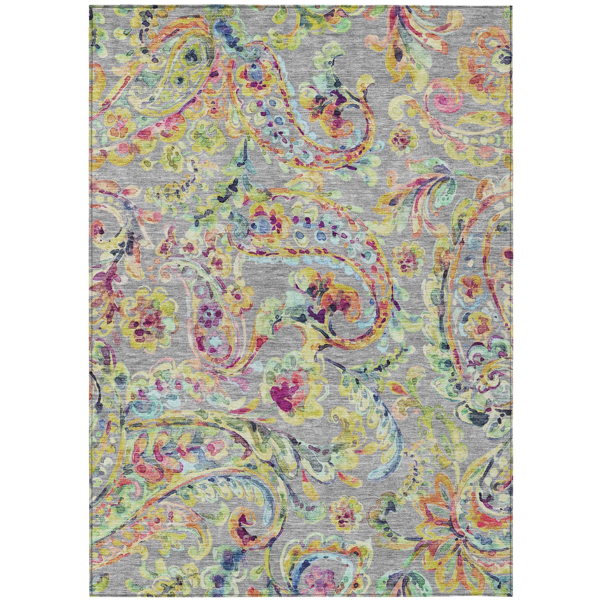 5' X 8' Gray Fern Green And Artichoke Green Paisley Washable Indoor Outdoor Area Rug-1