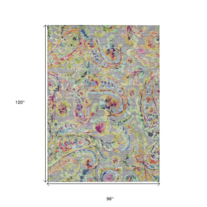 8' X 10' Gray Fern Green And Artichoke Green Paisley Washable Indoor Outdoor Area Rug-2