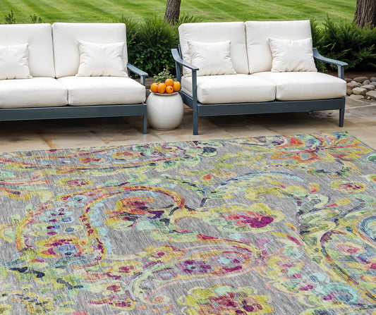 10' X 14' Gray Fern Green And Artichoke Green Paisley Washable Indoor Outdoor Area Rug-0