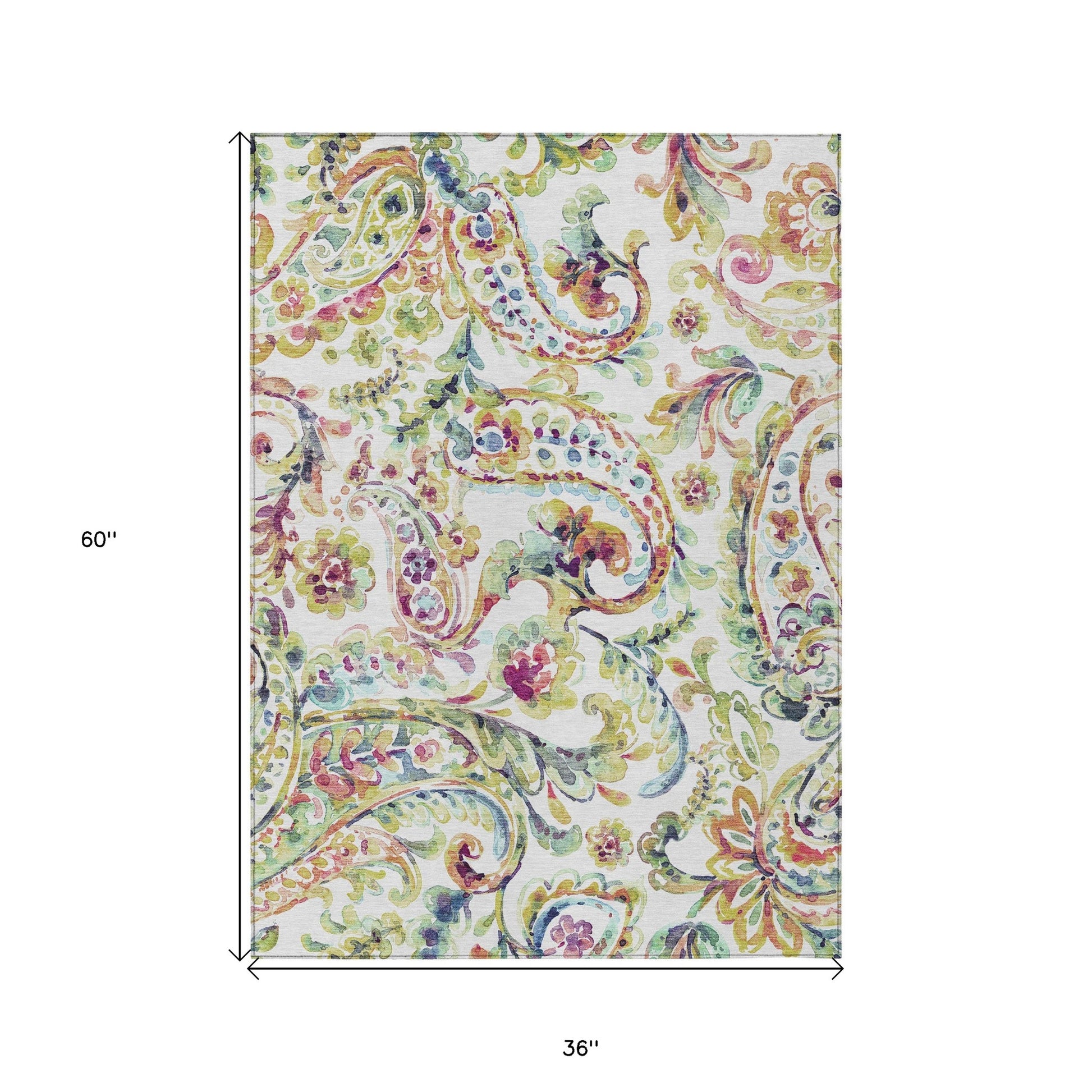 3' X 5' Ivory Fern Green And Artichoke Green Paisley Washable Indoor Outdoor Area Rug-2