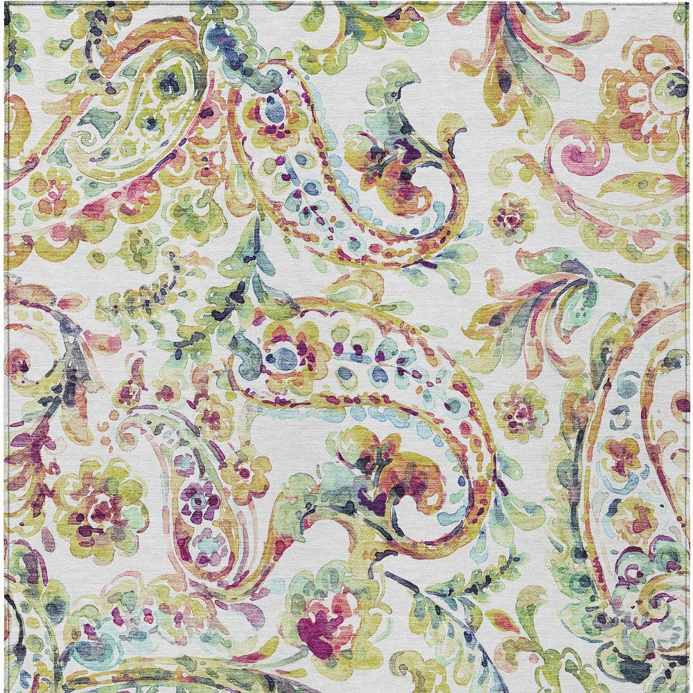 5' X 8' Ivory Fern Green And Artichoke Green Paisley Washable Indoor Outdoor Area Rug-7