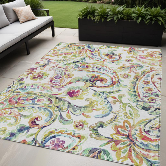 5' X 8' Ivory Fern Green And Artichoke Green Paisley Washable Indoor Outdoor Area Rug-0