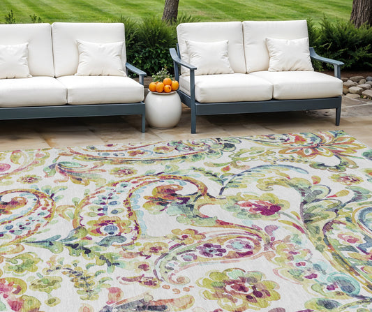 10' X 14' Ivory Fern Green And Artichoke Green Paisley Washable Indoor Outdoor Area Rug-0