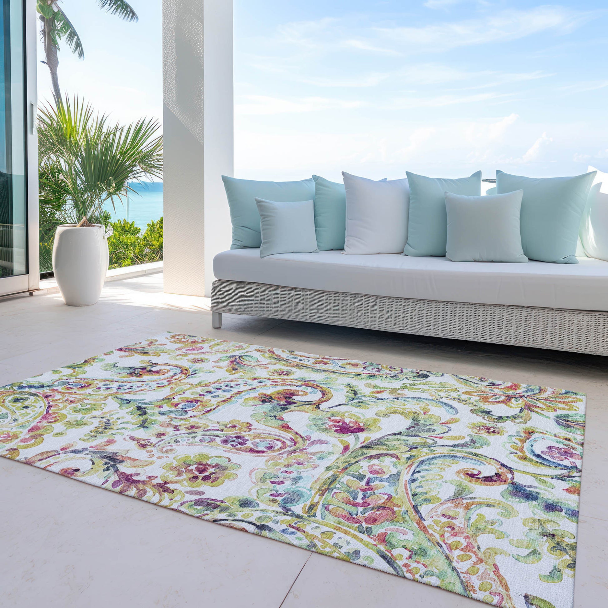 10' X 14' Ivory Fern Green And Artichoke Green Paisley Washable Indoor Outdoor Area Rug-7