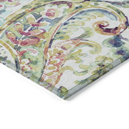 10' X 14' Ivory Fern Green And Artichoke Green Paisley Washable Indoor Outdoor Area Rug-4