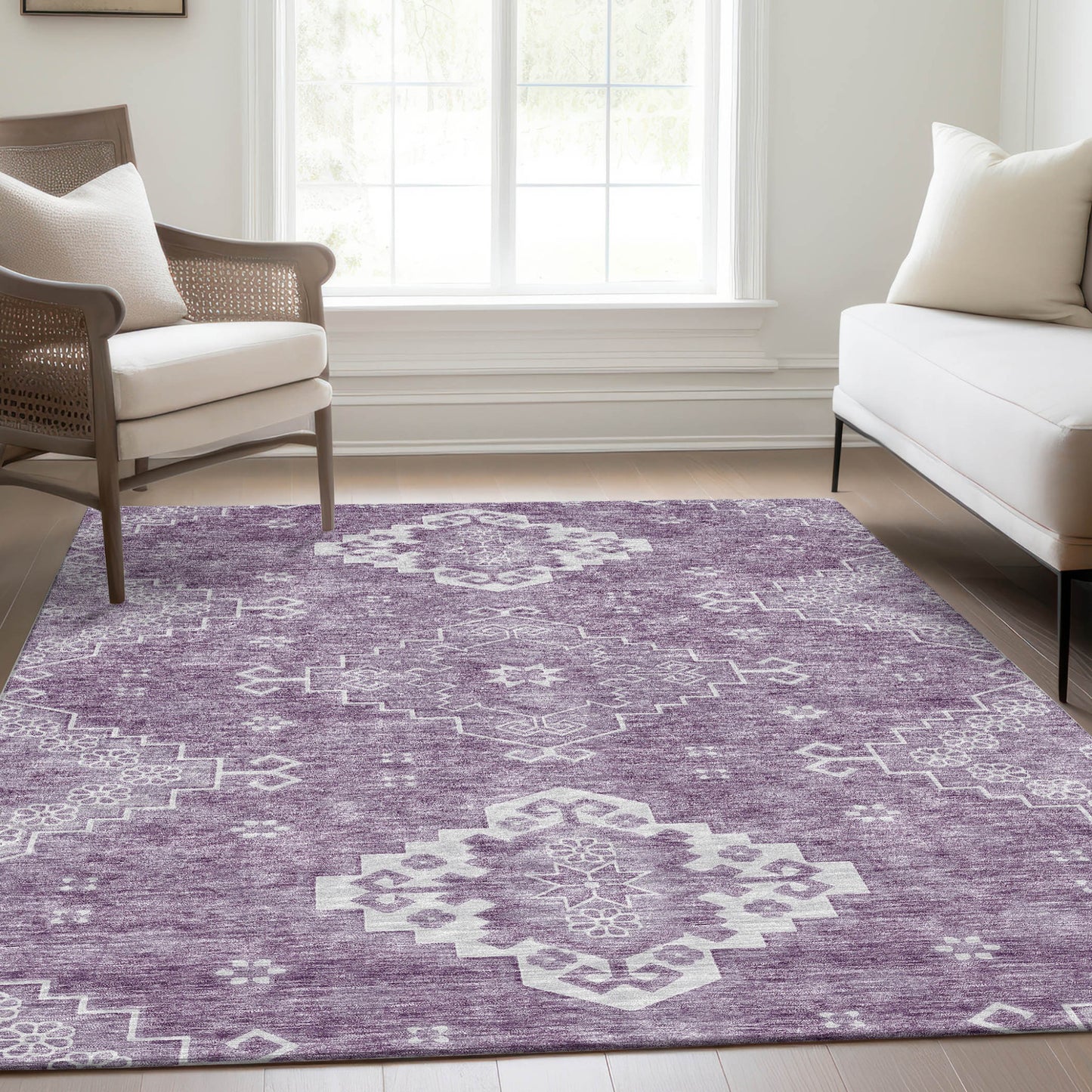 3' X 5' Lavender Plum And Ivory Medallion Washable Indoor Outdoor Area Rug-6
