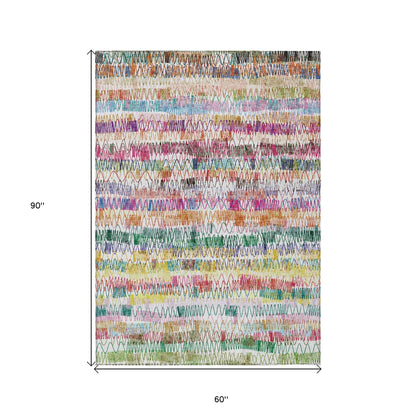 5' X 8' Green Ivory And Purple Striped Washable Indoor Outdoor Area Rug-2