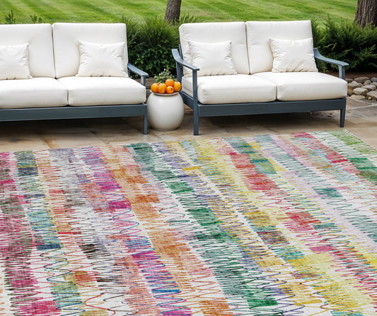 9' X 12' Green Ivory And Purple Striped Washable Indoor Outdoor Area Rug-0