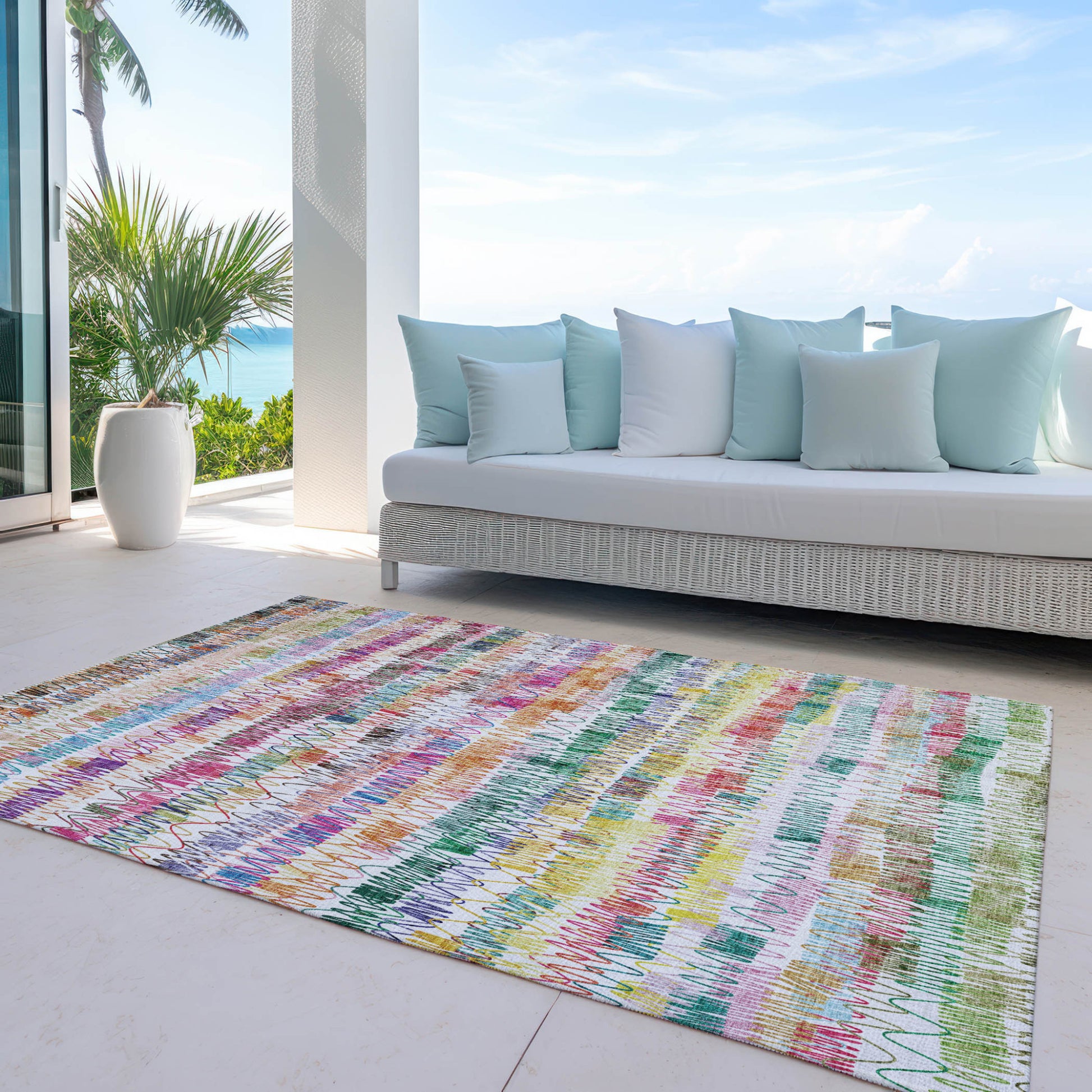 9' X 12' Green Ivory And Purple Striped Washable Indoor Outdoor Area Rug-7