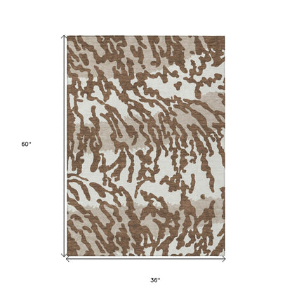 3' X 5' Chocolate Beige And Ivory Animal Print Washable Indoor Outdoor Area Rug-2