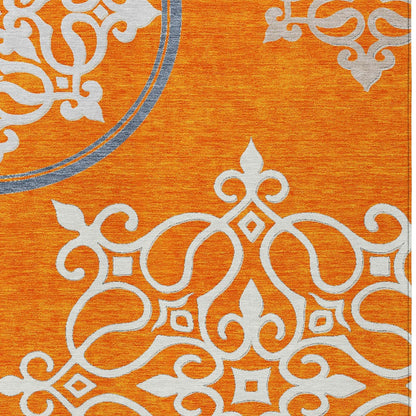 5' X 8' Orange Gray And Ivory Floral Medallion Washable Indoor Outdoor Area Rug-3
