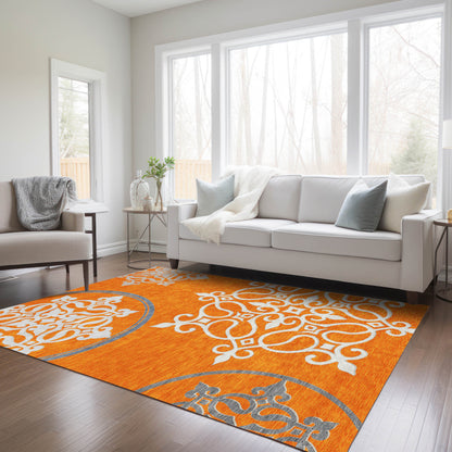 5' X 8' Orange Gray And Ivory Floral Medallion Washable Indoor Outdoor Area Rug-7