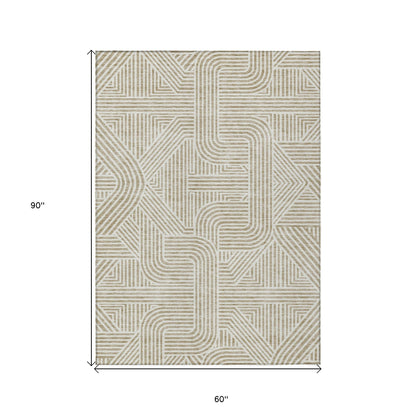 5' X 8' Beige And Brown Abstract Washable Indoor Outdoor Area Rug-2